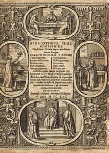 Etulevy rajojen sisällä olevien tiedemiesten vinjeteillä. tekijältä Theodore de Bry