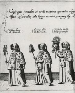 Heraldit Sir Philip Sidneyn hautauskortegissa matkalla St. Paulin katedraaliin, 1587 tekijältä Theodore de Bry