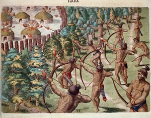 Amerikan historia: "" Intiaaniheimo hyökkää kylään Floridassa yöllä"" Kaiverrus Theodore de Bryn (1528-1598) "" Admirante Narratio Americaesta" tekijältä Theodore de Bry