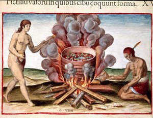 Amerikan historia: "Indian Cooking Fish" -kaiverrus Theodore de Bryn (1528-1598) "Amerikan ihailtavasta kertomuksesta" tekijältä Theodore de Bry