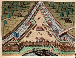 Amerikan historia: "Life of Fort Carolina, Bastion of Carolina" "Kaiverrus "Admirante Narratio Americaesta" Theodore de Bry (1528-1598) Jacques le Moynen (de Morgues) (1533-1588) piirustuksen perusteella tekijältä Theodore de Bry
