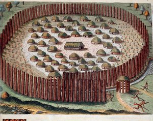 Amerikan historia: "" Esitys intiaanikylästä, joka on linnoitettu Floridassa"" Kaiverrus Theodore de Bryn (1528-1598) "" Admirante Narratio Americaesta"" tekijältä Theodore de Bry