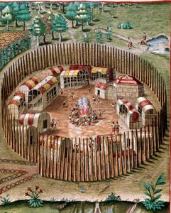 Amerikan historia: "" Pomeiockin tai Pomeioocin linnoitettu kaupunki Virginiassa vuonna 1585""" Kaiverrus Theodore de Bryn (1528-1598) "" Admirante Narratio Americae"" -kirjasta tekijältä Theodore de Bry