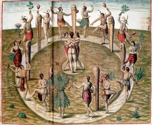 Amerikan historia: Theodore de Bryn (1528-1598) kaiverrus "" Rituaalitanssi ystävyyden juhlimiseksi". 1500-luvun Vincennes, laivaston historiallinen museo tekijältä Theodore de Bry