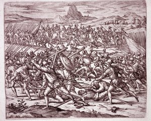 Amerikan historia: taistelut Vaca de Castron ja Almagro juniorin armeijoiden välillä Francisco Pizarron ja Diego de Almagron kuoleman jälkeen (kaiverrus tekijältä Theodore de Bry