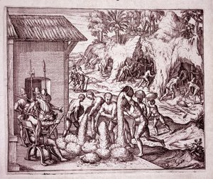 Amerikan historia: espanjalaiset hyödyntävät kultakaivoksia (kaiverrus tekijältä Theodore de Bry
