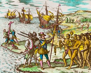 Amerikan historia: intiaanit toivottavat tutkimusmatkailija Christopher Columbuksen (1451-1506) tervetulleeksi hänen saapuessaan uuteen maailmaan"" Theodore De Bryn (1528-1598) kaiverrus 1500-luvun kaiverrus