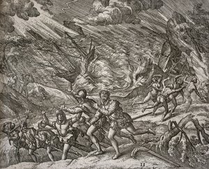 Hurrikaani upottaa Santa Marian, Christopher Columbuksen karavellin tekijältä Theodore de Bry