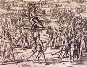 Francisco Pizarron (1475-ca 1541) espanjalaisten joukkojen kukistama inkakeisari Atahualpa, Peru, kaiverrus teoksesta American History, tekijä Theodore de Bry (1528-1598), Frankfurt tekijältä Theodore de Bry