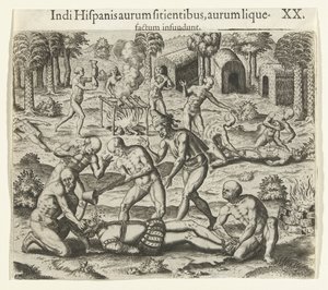 Intiaanit kaatavat nestemäistä kultaa espanjalaisen suuhun, 1594. tekijältä Theodore de Bry
