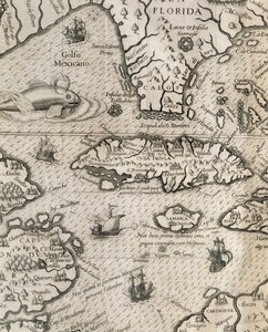 Kuuban saari, Florida ja Meksikonlahti, kaiverrus American Grand Voyages -historiasta tekijältä Theodore de Bry