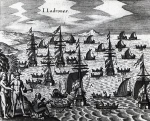 Varkaiden saaret (Islas de los Ladrones, nykyään Marianassaaret), Theodor de Bryn (1528-1598) kaiverrus Peregrinationesista. 16. vuosisata tekijältä Theodore de Bry