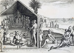 Kuningas vastaanottaa eurooppalaisia vieraita, Cape Lopez, Gabon, Theodor de Bryn (1528-1598) kaiverrus Intiasta orientalis, Afrikka tekijältä Theodore de Bry