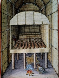 Alkuperäisten elämä, kuolleiden hautaus, kaiverrus Theodor de Bry (1528-1598), Admiranda Narratio, trust tamen, commodis et de incolarvm ritibvs Virginia, Thomas Harriot (1560-1621), Pohjois-Amerikka tekijältä Theodore de Bry