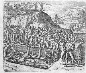 Perun kuninkaiden ja aatelisten hautausmenetelmä Girolamo Benzonin kertomuksesta Perun valloituksesta, Johann Ludwig Gottfriedin kirjasta "Newe Welt und Americanische Historien", julkaisija Mattaeus tekijältä Theodore de Bry