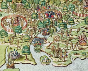 Piiritys- ja hyökkäysmenetelmät, teoksesta "Americae Tertia Pars...", 1592. tekijältä Theodore de Bry