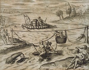 Alkuperäisen Amerikan intiaanit menevät alas joelle Rapids, kirjoittanut Theodore de Bry tekijältä Theodore de Bry