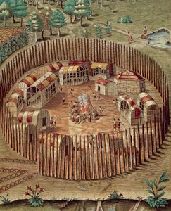 Native American linnoitettu kylä Virginiassa tekijältä Theodore de Bry