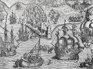 Meritaistelu, Theodore de Bryn (1528-1598) kaiverrus Amerikan historiasta, Frankfurt tekijältä Theodore de Bry
