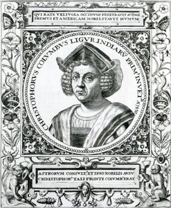 Muotokuva Christopher Columbuksesta (1451-1506) julkaisusta "The Narrative and Critical History of America", toimittanut Justin Winsor, Lontoo, 1886 tekijältä Theodore de Bry