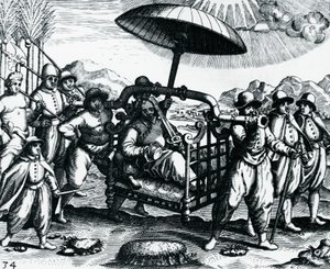 Portugali Intiassa, kuljetettu pentueen päällä, kaiverrus Peregrinationesista, Theodor de Bry (1528-1598), Intia tekijältä Theodore de Bry