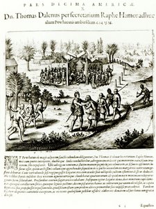 Ralph Hamor vierailee Powhatanissa, 1619 (kaiverrus) (bw kuva) tekijältä Theodore de Bry