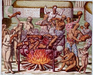 Kannibalismikohtaus Brasiliassa Intiaanit söivät vihollisiaan ja vankejaan. Kaiverrus teoksesta "Admirante Narratio Americae", kirjoittanut Theodore de Bry (1528-1598).