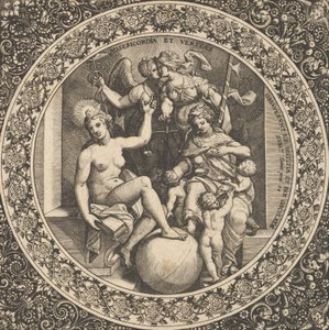 Kohtaus Misericordia ja Veritas ympyrässä keskellä, 1580-1600. tekijältä Theodore de Bry
