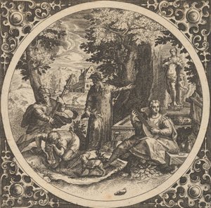 Kohtaus, jossa varoitus sukupuolitautia vastaan ympyrässä keskellä, 1580-1600. tekijältä Theodore de Bry
