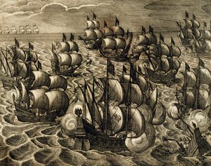Rodrigo Mendozan espanjalainen Armada-komento, Theodore de Bryn (1528-1598) kaiverrus, jonka on ottanut Theodore de Bry, Espanja, 1602 Amerikan historiasta. tekijältä Theodore de Bry