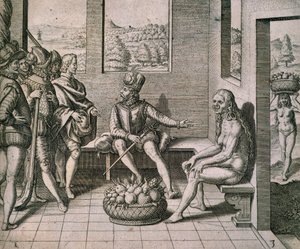 Theodore de Bry: espanjalaiset valloittajat tapaavat syntyperäisiä naisia Amerikassa tekijältä Theodore de Bry