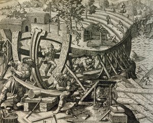 Espanjalaiset merimiehet rakentavat karavelleja, kaiverrus Historia Americaesta, kirjoittanut Theodor de Bry (1528-1598) tekijältä Theodore de Bry
