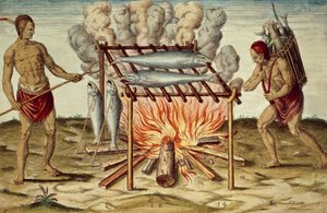Tainolaiset paistamassa kalaa, värikaiverrus Theodor de Bry (1528-1598) John Whiten maalauksesta, Lyhyt ja tosi raportti Virginian uudesta maasta tekijältä Theodore de Bry