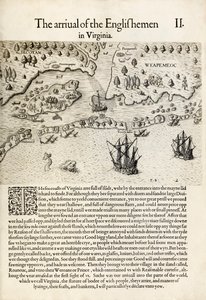 "Englantilaisten saapuminen Virginiaan", Thomas Harriotin "A Briefe and True Report of the New Found Land of Virginia" (kaiverrus) tekijältä Theodore de Bry