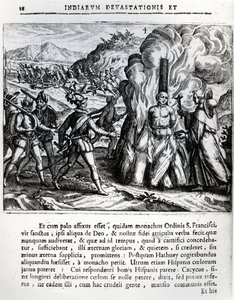 Hatueyn polttaminen espanjalaisten toimesta Yarassa, Kuubassa, 2. helmikuuta 1512, 1664 tekijältä Theodore de Bry