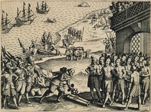 Hollantilaiset laskeutuvat maihin Kalkutassa tekijältä Theodore de Bry