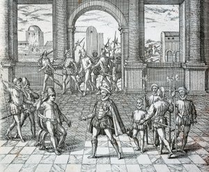 Inkakuningas Atahualpa joutui espanjalaisten vangiksi Cajamarcassa, Theodore de Bryn kuvitus Amerikan historiasta tekijältä Theodore de Bry