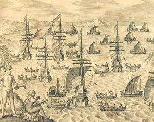 The Island of Thieves, kaiverrus teoksesta American History by Theodore de Bry, Pohjois-Amerikka 1700-luku. tekijältä Theodore de Bry