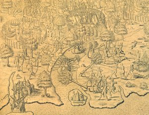 Portugalilaiset tunkeutuvat sisämaata kohti ja paikallinen heimo hyökkää heidän kimppuunsa tekijältä Theodore de Bry