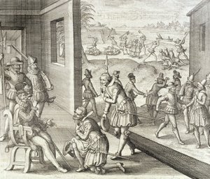 Espanjalaiset valloittavat Fort Carolinen vuonna 1565, Johann Ludwig Gottfriedin teoksesta 