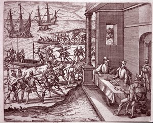 Espanjalaiset valloittajat Francisco Pizarro, Diego de Almagro ja Hernando de Luque yhdistivät voimansa valloittaakseen Perun (kaiverrus tekijältä Theodore de Bry