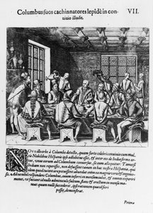 Christopher Columbuksen (1450-1506) munan tarina 1585-88 (kaiverrus) (bw kuva) tekijältä Theodore de Bry