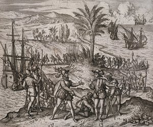 Christopher ja Bartholomew Columbuksen pidätys Francisco de Bobadillan määräyksestä tekijältä Theodore de Bry