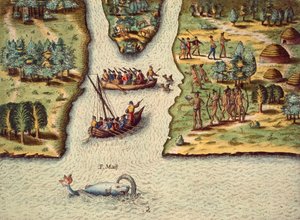 Ranskalaisten saapuminen, Theodore de Bryn (1528-1598) kaiverrus Floridan keskustelusta. tekijältä Theodore de Bry
