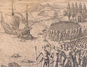 Portugalilaisten saapuminen Peruun tekijältä Theodore de Bry