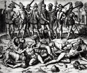Vasco Nunez de Balboan (1475-1571) koirat hyökkäävät intiaanien kimppuun