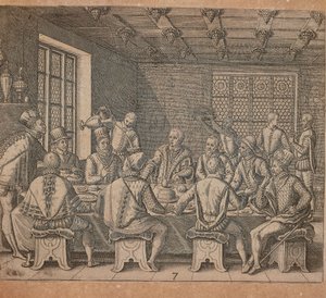 aKolumbuksen muna, Theodor de Bryn (1528-1598) kaiverrus Americae pars quarta, sive, Insignis et admiranda historia de reperta primum Occidentali India Christopher Columbus, Girolamo Benzoni tekijältä Theodore de Bry