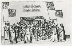 Sir Philip Sidneyn hautauskortegio matkalla St. Paulin katedraaliin, 1587 tekijältä Theodore de Bry