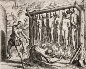 Kolmetoista hirtettyä ja poltettua uhria, kuvaus rikoksista, joita espanjalaiset siirtokunnat tekivät intiaaneille kirjoittanut Bartolome de las Casas (kaiverrus) tekijältä Theodore de Bry