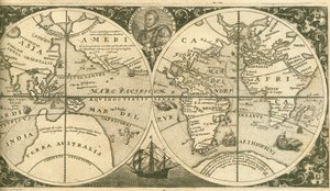 Americae Pars VIII:n nimisivu, jossa muotokuva Francis Drakesta ja hänen aluksestaan Golden Hind, 1 tekijältä Theodore de Bry